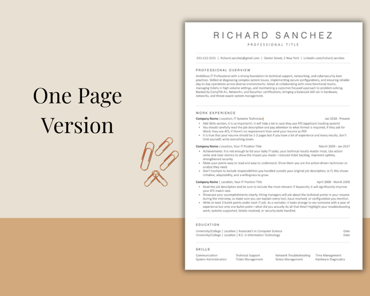 Resume Template For IT PROFESSIONAL ATS Friendly  Word, Pages, Google Docs,