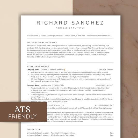 Resume Template For IT PROFESSIONAL ATS Friendly  Word, Pages, Google Docs,